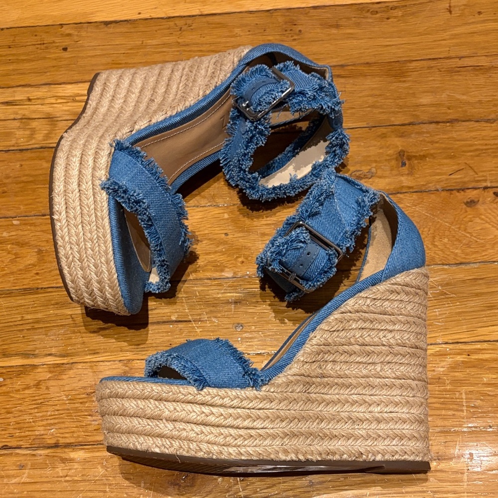 SCHUTZ Blue Frayed Denim Espadrille Wedge Sandals